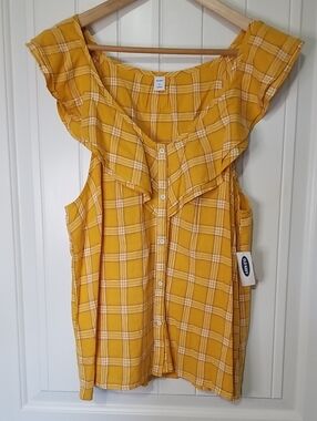 Old Navy Yellow Plaid Linen blend button down Tank Top W/ruffle Collar XL NWT
